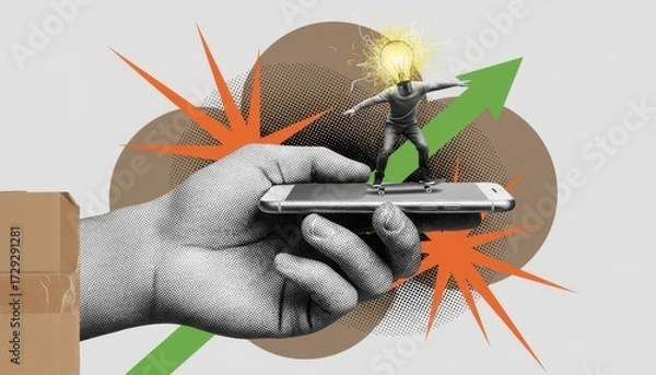 Fototapeta Smart Idea Concept: A creative concept image of a person with a lightbulb for a head surfing on a smartphone, embodying innovation and forward-thinking with bold artistic style.