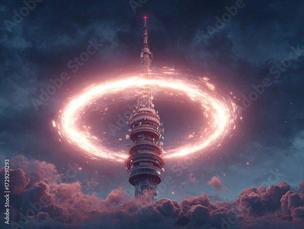 Fototapeta Futuristic communication tower surrounded by glowing energy ring in the clouds, symbolizing technology, power, signal, and digital connection. 
