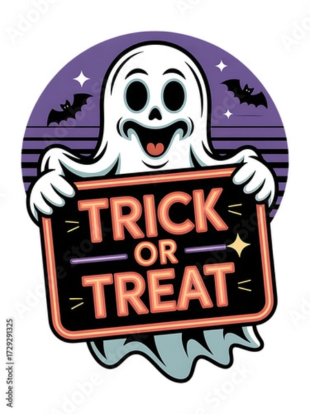 Fototapeta Friendly cartoon ghost holding a trick or treat sign with bats and stars isolated on transparent background