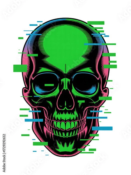 Obraz Glitch art skull with neon green and pink hues isolated on transparent background