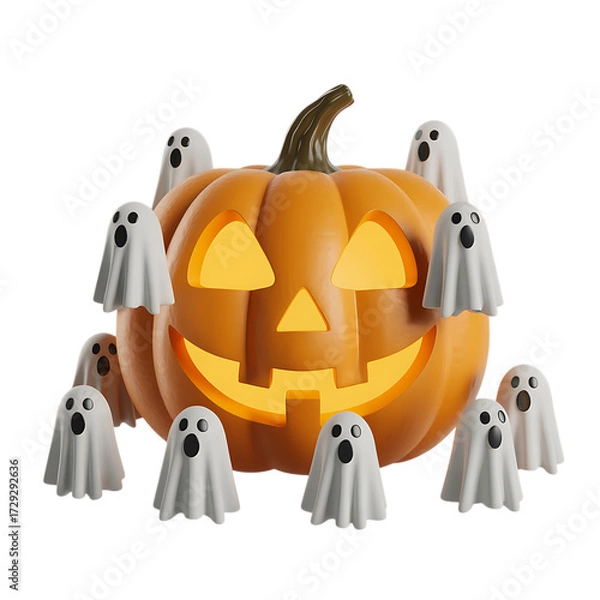 Obraz Glowing jack o lantern surrounded by small white ghosts isolated on transparent background