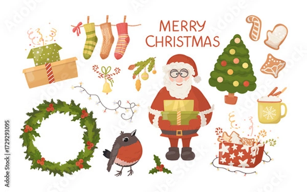 Fototapeta Merry Christmas design elements collection. Santa is holding gifts, a Christmas tree, a robin bird, a cup of coffee and gingerbread cookies, garland. Colorful vector illustration.
