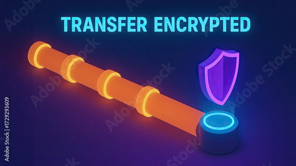 Fototapeta Neon tube pathway with glowing shield icon and TRANSFER ENCRYPTED text conveying secure data transfer and digital protection in futuristic style