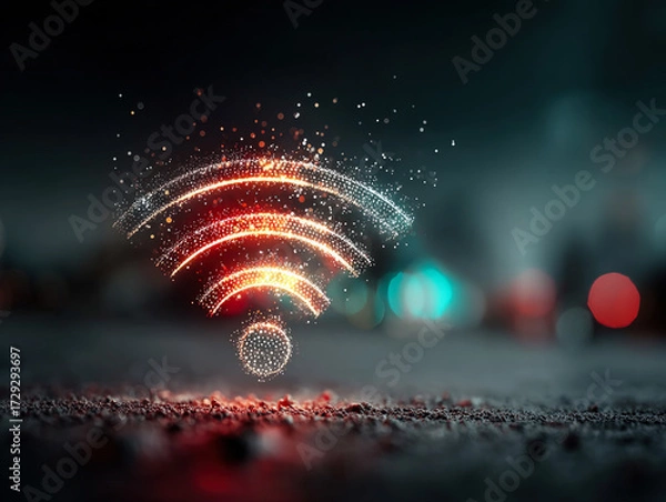 Fototapeta Glowing WiFi signal icon with sparks on dark background, symbolizing internet connection, technology, communication, digital network, and online connectivity. 
