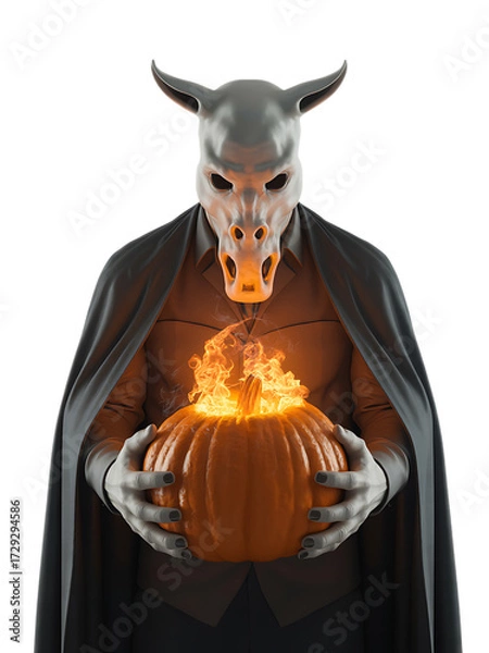 Obraz Mysterious figure in a horned mask holding a glowing jack o lantern isolated on transparent background