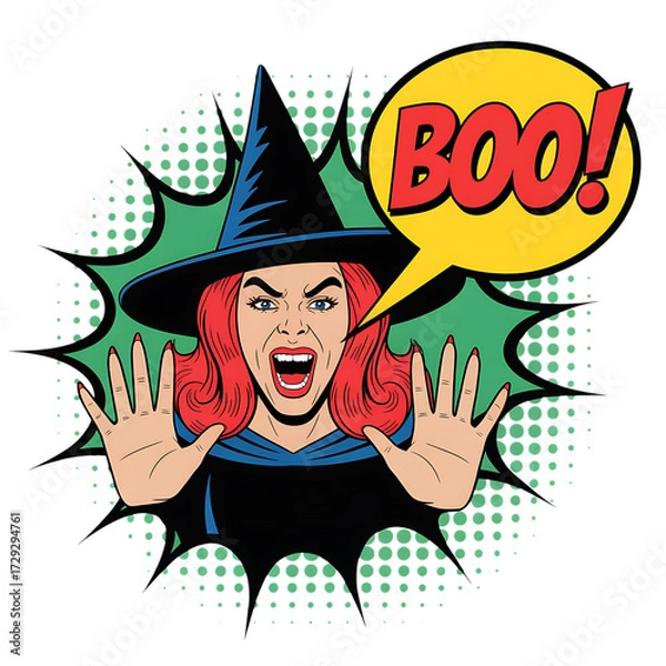 Fototapeta Pop art witch with red hair and pointed hat shouting boo isolated on transparent background