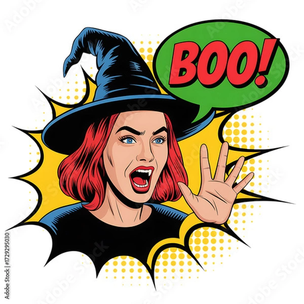 Obraz Retro comic book style witch with red hair and witch hat saying boo isolated on transparent background