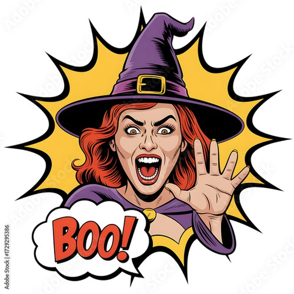 Obraz Retro pop art witch with red hair screaming boo isolated on transparent background