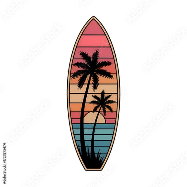 Obraz Retro sunset palm trees and ocean scene on a surfboard isolated on transparent background