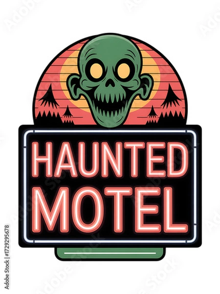 Obraz Scary green skull above neon haunted motel sign isolated on transparent background