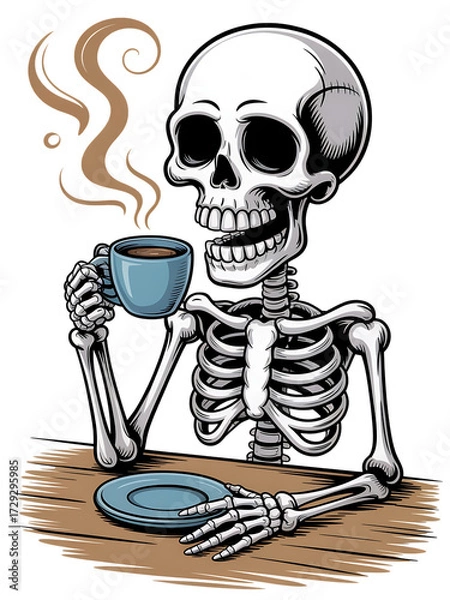 Obraz Skeleton enjoying a hot cup of coffee with steam rising isolated on transparent background2