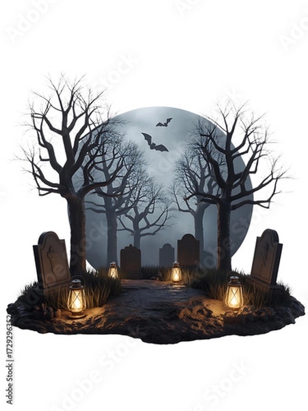 Fototapeta Spooky halloween cemetery scene with silhouetted trees and glowing lanterns isolated on transparent background