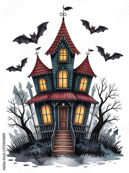 Obraz Spooky haunted mansion with glowing windows and bats flying around isolated on transparent background2