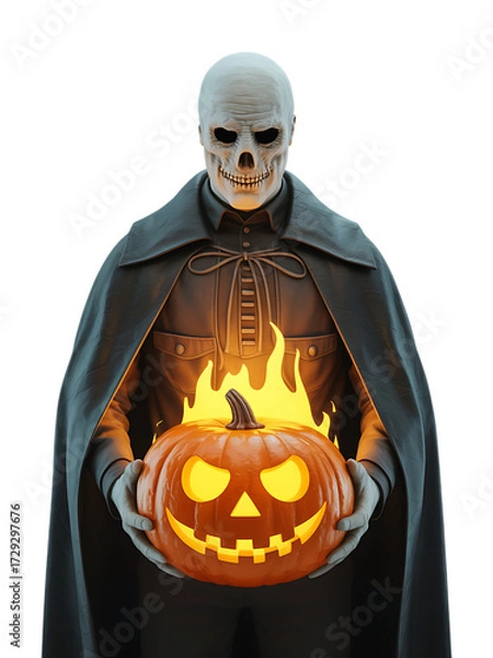 Obraz Spooky skeleton figure holding a flaming jack o lantern isolated on transparent background