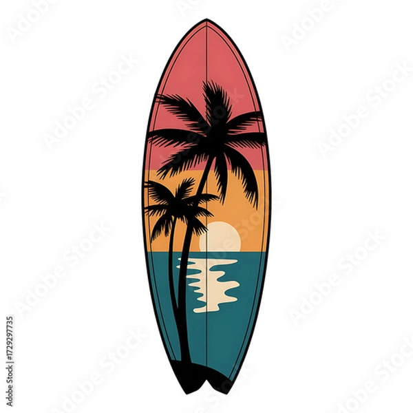 Obraz Stylized surfboard design featuring a tropical sunset with palm trees isolated on transparent background