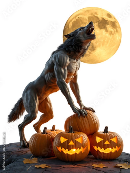 Obraz Werewolf howling at the full moon on halloween night with carved pumpkins isolated on transparent background