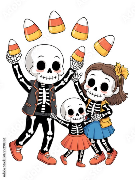 Obraz Whimsical skeleton family celebrating halloween with candy corn isolated on transparent background