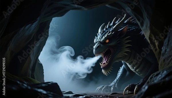 Obraz Dragon breathing fire cave fantasy art dark environment low angle view