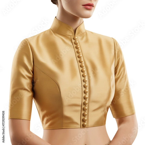 Obraz Golden cropped blouse featuring a high neck and buttoned front design