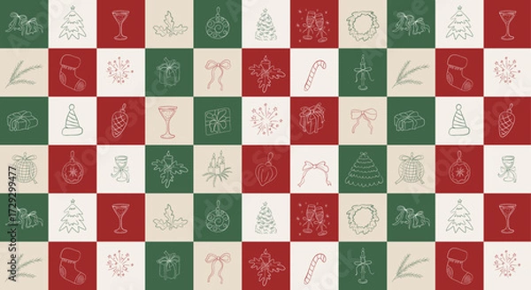 Fototapeta Vintage minimalist seamless pattern with  hand drawn bows, gifts, christmas tree, glasses, wreaths, toys.. Vector outline elegant background in retro coquette aesthetic. 
Funny Christmas background