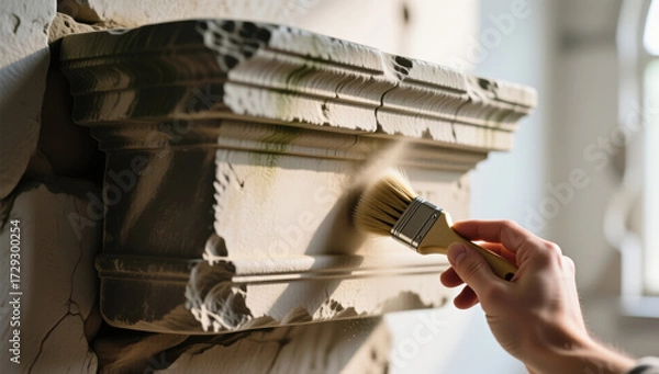 Obraz Restoration project painting decorative trim in historic building indoor close-up