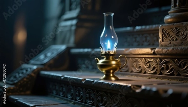 Obraz Illuminated antique lantern on stone steps historic setting atmospheric view