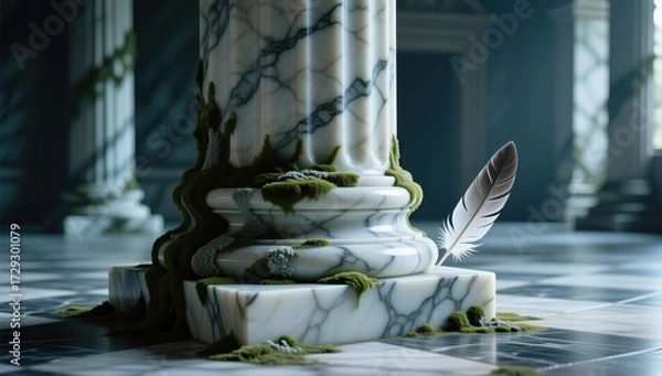 Obraz Ancient marble column with feather abandoned temple 3d render serene atmosphere