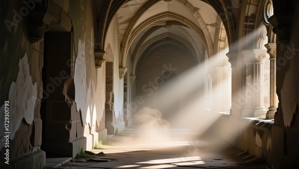 Obraz Mysterious light beam illuminates ancient ruins abandoned hallway photography