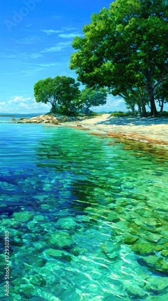 Fototapeta A tranquil beach scene boasts vibrant turquoise water reflecting a lush green shoreline with towering trees beneath a clear blue sky.