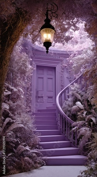 Fototapeta A winding staircase, enveloped in lush purple foliage, leads to a vintage-style door, illuminated by a hanging lamp.