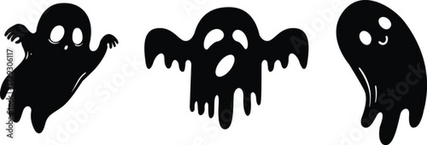 Fototapeta A collection of three spooky black ghost silhouettes with different expressions, perfect for Halloween designs. Vector icon set isolated on white