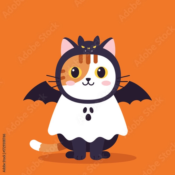 Fototapeta Cartoon cat dressed in a Halloween ghost costume with bat wings and a bat hood ornament, set against an orange background.