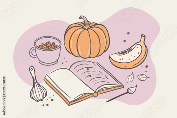 Fototapeta Autumn Culinary Inspiration: Open Cookbook with Pumpkin, Spices, and Seasonal Ingredients on Artistic Background