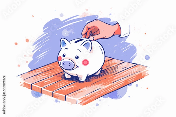 Obraz Hand Placing Coin into Piggy Bank on Wooden Table - Modern Illustrative Concept of Savings and Financial Growth