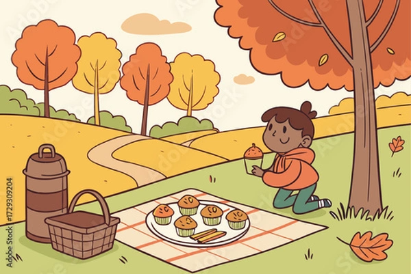 Fototapeta Child Enjoying Autumn Picnic with Muffins in Scenic Park Setting