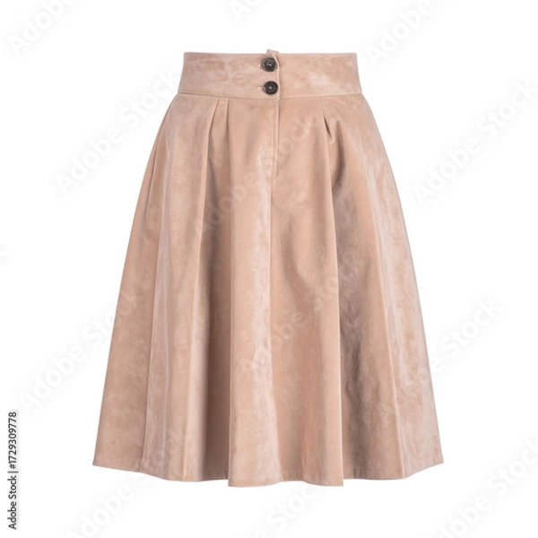 Obraz A stylish, elegant, and fashionable beige-colored pleated skirt is isolated on a black background, showcasing a high-waisted design with two decorative buttons, a design perfect for modern wardrobe...