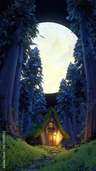 Fototapeta A whimsical, snow-dusted forest glade unveils a charming, moss-covered cottage beneath a luminous full moon.
