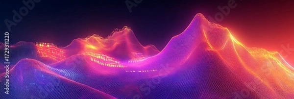 Fototapeta Vibrant Mountain Energy: A colorful digital illustration of mountains, with striking neon lights across their majestic forms and dynamic energy and glowing peaks.