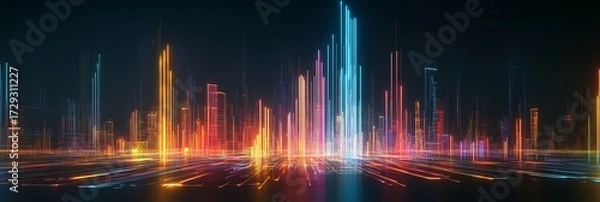 Fototapeta Abstract Skyline of the Future: Neon-lit towers of the metropolis ignite the night, reflecting a vision of futuristic digital landscape, symbolizing technological advancement.