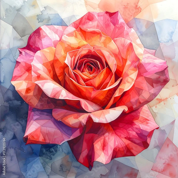 Fototapeta Vibrant pink orange rose bloom with layered petals and soft watercolor mosaic background, evoking warm romantic mood