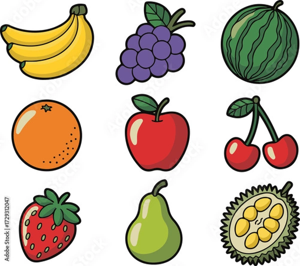 Obraz Collection of nine colorful cartoon fruits on white background banana bunch of bananas
