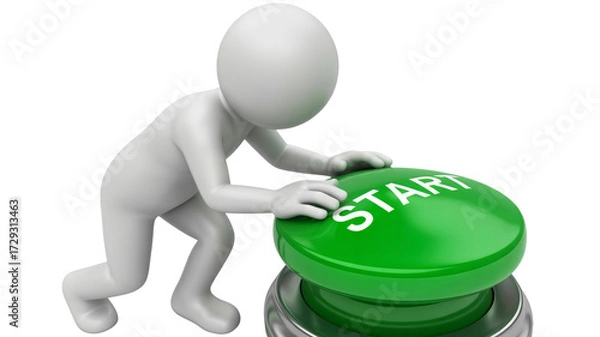 Fototapeta Determined stick figure poised to press vibrant green start button initiating a new project or exciting venture
