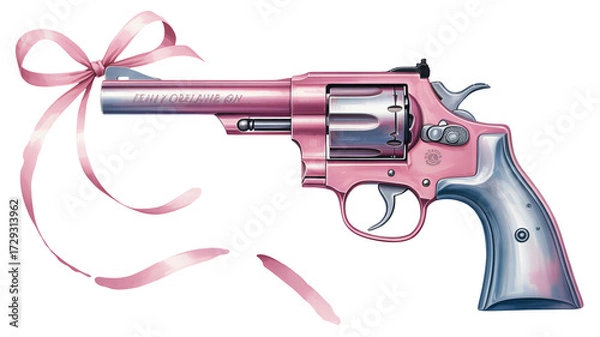 Fototapeta Edgy yet elegant pink revolver adorned with a delicate satin bow, a striking symbol of power and feminine mystique for bold statements.