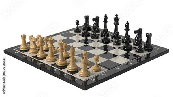 Fototapeta Strategic chess game in progress with polished black and ivory pieces poised for decisive moves on a reflective board