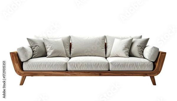 Obraz A contemporary three-seater sofa features a wooden frame and light-colored fabric, showcasing a clean and modern design.