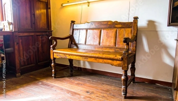 Obraz Wooden Bench in Room with Warm Lighting