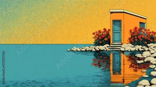 Fototapeta Miniature house nestled by the still water, reflecting tranquility and simplicity in a serene outdoor environment.