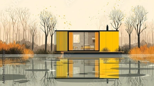 Fototapeta Miniature house nestled by the still water, reflecting tranquility and simplicity in a serene outdoor environment.