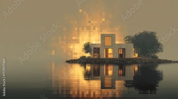 Fototapeta Miniature house nestled by the still water, reflecting tranquility and simplicity in a serene outdoor environment.