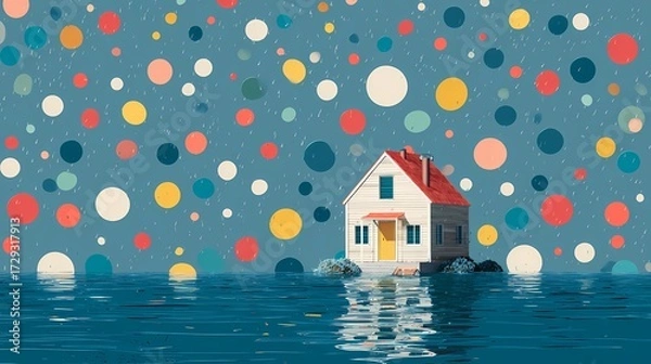 Fototapeta Miniature house nestled by the still water, reflecting tranquility and simplicity in a serene outdoor environment.